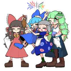 Rule 34 | &gt; &lt;, 4girls, :d, absurdres, black hair, blue bow, blue skirt, blush stickers, boots, bow, brown boots, brown shoes, cirno, closed eyes, closed mouth, collared shirt, commentary request, cookie (touhou), detached sleeves, dress, frilled bow, frilled hair tubes, frills, frog hair ornament, full body, green socks, grey hair, hair bow, hair ornament, hair tubes, hakurei reimu, highres, hug, izayoi sakuya, kochiya sanae, long hair, madan shoujo, micha (cookie), muimui (4242564muimui), multiple girls, oko (cookie), one eye closed, open mouth, red bow, red dress, shirt, shoes, short hair, sidelocks, simple background, skirt, sleeveless, sleeveless dress, sleeveless shirt, smile, snot, socks, star-shaped pupils, star (symbol), symbol-shaped pupils, touhou, tsuchinoko, v, white background, white shirt, white sleeves, xd, yamato (cookie)