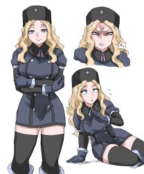 Rule 34 | 1girl, angry, black coat, black hat, blonde hair, blue eyes, breasts, coat, crossed arms, hat, highres, kolin, nasu (ilo a5), sitting, street fighter, street fighter v, sweat, thighhighs, worried