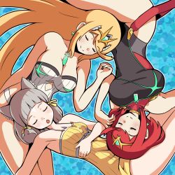 Rule 34 | 3girls, absurdres, animal ears, bare legs, bare shoulders, blonde hair, breasts, cat ears, chest jewel, cianter, closed eyes, closed mouth, dress, facial mark, grey hair, highres, large breasts, long hair, multiple girls, mythra (radiant beach) (xenoblade), mythra (xenoblade), nia (fancy sundress) (xenoblade), nia (xenoblade), official alternate costume, one-piece swimsuit, open mouth, pyra (pro swimmer) (xenoblade), pyra (xenoblade), red hair, short hair, sleeping, smile, strapless, strapless one-piece swimsuit, sundress, swimsuit, thighs, tiara, very long hair, whisker markings, xenoblade chronicles (series), xenoblade chronicles 2, yellow dress