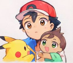 2boys ash_ketchum baseball_cap black_hair blue_jacket blush brown_eyes brown_hair child commentary_request gen_1_pokemon green_eyes hair_between_eyes hat highres jacket kurage2535 lei_(pokemon) multiple_boys nintendo pikachu pokemon pokemon_(anime) pokemon_(creature) pokemon_journeys shirt spread_fingers white_background white_shirt
