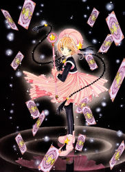 1990s_(style) 1girl absurdres black_background black_pantyhose boots brown_hair card cardcaptor_sakura child clamp dress female_focus from_side full_body green_eyes hat highres hoshi_no_tsue kinomoto_sakura magical_girl official_art pantyhose pink_boots pink_hat reflection retro_artstyle short_hair solo standing