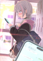 1girl absurdres asumi_sena asumi_sena_(4th_costume) bag black_cardigan black_choker blush bow bowtie bule_blue_2 cardigan cellphone choker ear_piercing earrings fang getabako grey_bow grey_bowtie grey_hair highres holding holding_phone indoors jewelry multicolored_hair open_mouth phone piercing pink_eyes pink_hair pov school_bag shirt skin_fang skirt smartphone solo streaked_hair two-tone_hair virtual_youtuber vspo! white_shirt