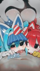 absurdres animal_ears cat_ears cat_tail fellatio group_sex hatsune_miku highres kasane_teto mesmerizer_(vocaloid) non-web_source oral pov tail taker_pov threesome vocaloid