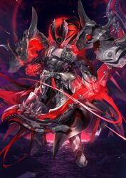 1boy armor armored_boots armored_gloves black_hair boots bow_(weapon) breastplate covered_face dd_(vktr4837) fate/grand_order fate_(series) floating_armor full_armor full_body game_cg glowing gradient_hair hand_up holding holding_bow_(weapon) holding_weapon honeycomb_(pattern) japanese_armor kusazuri legs_apart light_trail long_hair male_focus minamoto_no_tametomo_(fate) minamoto_no_tametomo_(third_ascension)_(fate) multicolored_hair official_art purple_background red_hair samurai science_fiction shoulder_armor solo third-party_source very_long_hair waist_cape weapon