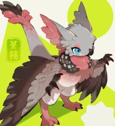 animal_ear_fluff animal_ears beak black_feathers blue_eyes bul_(moiko) creature creature_focus facial_mark feathered_wings feathers from_above green_background grey_feathers highres neck_fur no_humans original partially_feathered_tail pink_feathers signature simple_background solo talons two-tone_background white_background wings