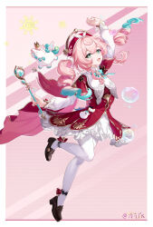 Rule 34 | 1girl, :d, absurdres, aqua bow, aqua bowtie, aqua eyes, aqua hair, arm up, black shoes, border, bow, bowtie, bubble, chinese commentary, collared dress, commentary request, dress, drill hair, floating hair, full body, gradient hair, hat, highres, holding, holding wand, honkai: star rail, honkai (series), hyacine (honkai: star rail), lengyu tk, little ica (honkai: star rail), loafers, long hair, long sleeves, looking at viewer, multicolored hair, open mouth, pantyhose, pegasus, pink background, pink hair, red dress, red hat, shoes, smile, solo, standing, standing on one leg, sun symbol, twin drills, twintails, two-tone hair, wand, white border, white pantyhose