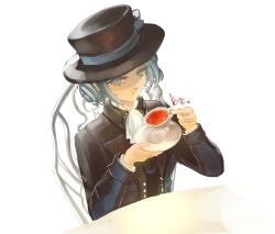 1girl :o absurdres ascot black_coat black_hat boater_hat chair coat cup dated grey_eyes grey_hair hair_bun hat highres holding holding_cup holding_saucer looking_down moss_(mozzutan) reverse:1999 saucer shirt single_side_bun solo table tea teacup upper_body vertin_(reverse:1999) white_ascot white_background white_shirt