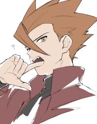 1boy ? brown_eyes brown_hair commentary_request finger_in_own_mouth hand_up highres jacket lance_(pokemon) long_sleeves male_focus mocollie nintendo open_mouth pokemon pokemon_adventures red_jacket shirt short_hair simple_background solo spiked_hair teeth upper_body upper_teeth_only white_background