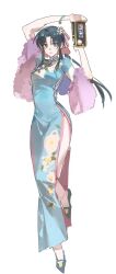 1girl arm_up black_hair blue_dress blue_eyes bracelet china_dress chinese_clothes curvy dress floral_print floral_print_dress foot_up full_body fur_trim hair_ornament hair_ribbon holding jewelry kamiya_kaoru long_hair looking_at_viewer menglin393 official_alternate_costume parted_lips pink_ribbon ponytail print_dress ribbon rurouni_kenshin side_slit sidelocks smile solo white_background wide_hips