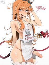 1girl alterkyon apron arm_behind_back blue_eyes breasts clothes_writing cowboy_shot english_text erection escoffier_(genshin_impact) futanari genshin_impact highres large_penis long_hair looking_at_viewer medium_breasts naked_apron open_mouth orange_hair penis smile solo tail testicles thighhighs uncensored veins veiny_penis white_apron white_background white_thighhighs