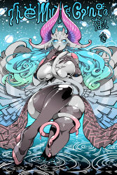 1girl aqua_hair blue_eyes blush breasts closed_mouth colored_skin finger_to_mouth gloves gradient_hair green_hair grey_skin hands_up high_heels highres horns kafun large_breasts leg_up long_hair looking_at_viewer monster_girl multicolored_hair navel original planet solo tentacles thighhighs two-tone_hair water