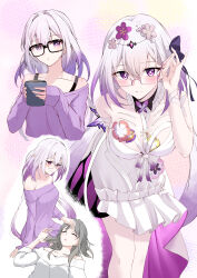 2girls a10_(avxv8374) absurdres breasts castorice_(honkai:_star_rail) coffee coffee_mug commentary_request cup dress flower glasses grey_hair hair_flower hair_ornament highres holding holding_cup honkai:_star_rail honkai_(series) lap_pillow large_breasts leaning_forward long_hair medium_hair mug multiple_girls multiple_views off-shoulder_sweater off_shoulder pointy_ears purple_eyes purple_hair purple_sweater simple_background stelle_(honkai:_star_rail) sweater trailblazer_(honkai:_star_rail) white_background white_dress white_sweater
