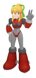 antennae armor armored_boots armored_gloves arms_up bikini_armor blonde_hair blue_eyes boots breasts green_ribbon hair_ribbon hairband hand_on_own_hip hand_up headphones highres hyper_roll_(marvel_vs._capcom) joints knee_boots large_breasts long_hair looking_at_viewer marvel_vs._capcom mechanical_arms mechanical_boots mechanical_legs mega_man_(classic) mega_man_(series) ponytail radio_antenna red_armor ribbon robot robot_girl robot_joints roll_(mega_man) sadbunny15 second-party_source shoulder_armor sidelocks simple_background smile v white_background