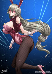 Rule 34 | 1girl, adsouto, alexandrina sebastiane, animal ears, breasts, cropped vest, eye trail, fake animal ears, fake tail, fishnet pantyhose, fishnets, green hair, high heels, highres, large breasts, leotard, light trail, long hair, looking at viewer, low-tied long hair, pantyhose, parted lips, playboy bunny, rabbit ears, rabbit tail, red eyes, red vest, signature, solo, strapless, strapless leotard, string, tail, variant set, very long hair, vest, wrist cuffs, zenless zone zero