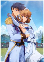 1boy 1girl absurdres alternate_costume armpits black_hair blush breasts bridal_veil bride castle choker commission commissioner_upload couple dress elbow_gloves eye_contact fingerless_gloves fire_emblem fire_emblem:_genealogy_of_the_holy_war fire_emblem_heroes flower formal_clothes gloves grass groom hair_flower hair_ornament hands_on_another&#039;s_hips heart heart-shaped_pupils hetero highres holding_hands hug hug_from_behind lake lana_(bride)_(fire_emblem) lana_(fire_emblem) looking_at_another mountain nintendo official_alternate_costume orange_hair outdoors ribbon rose scathach_(fire_emblem) short_hair small_breasts smile standing suit symbol-shaped_pupils tailcoat thatpersonaguy torso_grab veil wedding wedding_dress white_dress white_flower white_gloves white_rose