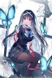 1boy 1girl absurdres amanai_haruma artist_name black_hair black_pantyhose blue_eyes bow bowtie bug butterfly butterfly_on_hand choker closed_mouth copyright_name cover cover_page crack cracked_glass dress_shoes dutch_angle fushi_tantei:_reidou_momiji hair_ornament highres insect long_hair miwano_rag novel_cover official_art pantyhose pleated_skirt red_eyes red_ribbon reflection reidou_momiji ribbon sailor_collar sailor_shirt second-party_source shirt short_hair sitting skirt very_long_hair window windowsill x_hair_ornament