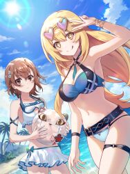 Rule 34 | 2girls, :q, ball, beach, beachball, belt, bikini, bikini skirt, black belt, blonde hair, blue bikini, breasts, brown eyes, brown hair, eyewear on head, goggles, goggles around neck, hair ornament, hairpin, heart, heart-shaped eyewear, holding, holding ball, holding beachball, large breasts, long hair, looking at viewer, misaka mikoto, multiple girls, navel, o-ring, o-ring thigh strap, ocean, official art, outdoors, palm tree, ragnador, shokuhou misaki, short hair, small breasts, star-shaped pupils, star (symbol), sun, sunglasses, swim goggles, swimsuit, symbol-shaped pupils, thigh strap, toaru kagaku no railgun, toaru majutsu no index, tongue, tongue out, tree, v, white bikini, yellow eyes