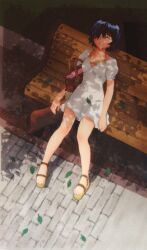 1girl absurdres bag black_hair closed_eyes day dress from_above full_body hair_over_one_eye highres leaf nazo_no_kanojo_x on_bench outdoors puffy_sleeves sandals sitting solo tsubaki_mikoto urabe_mikoto white_dress