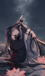 Rule 34 | 2boys, ahoge, alternate hairstyle, artist name, bishounen, black hair, black hanfu, chinese clothes, closed eyes, commentary, couple, english commentary, flower, french kiss, from side, hair down, hanfu, headband, highres, holding, holding ribbon, hug, kiss, lan wangji, light particles, lily pad, long hair, long sleeves, lotus, lotus leaf, male focus, minataka94, modao zushi, multiple boys, night, night sky, outdoors, partially submerged, pink flower, profile, red ribbon, red sash, ribbon, robe, sash, shooting star, sky, star (sky), starry sky, topknot, upper body, very long hair, water, watermark, wei wuxian, wet, wet face, white hanfu, white headband, wide sleeves, xiao guan (headdress), yaoi