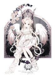 1girl absurdres angel_wings asymmetrical_dress ballet_slippers bare_shoulders black_ribbon chair collar commentary_request dress feather-trimmed_dress feathered_wings flower frilled_collar frills grey_eyes highres leg_tattoo long_hair looking_at_viewer mii_(ff96zgrckhox) original ribbon rose sitting solo tattoo twitter_username white_dress white_flower white_hair white_rose wings