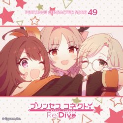 3girls ahoge alces_alchemy_atelier_(princess_connect!) bandaid bandaid_on_face blonde_hair blush brown_eyes brown_hair commentary_request copyright_name glasses hair_intakes highres iroha_(princess_connect!) long_hair looking_at_viewer louise_marie multiple_girls official_art one_eye_closed open_mouth parted_bangs pink_eyes pointy_ears polka_dot polka_dot_background princess_connect! round_eyewear smile sono_(princess_connect!) star_(symbol)