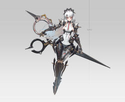1girl absurdres armor cyborg eor79 full_body highres joints light_smile long_hair maid_headdress mechanical_arms mechanical_legs original red_eyes robot_joints science_fiction scissors simple_background solo spikes very_long_hair weapon white_hair