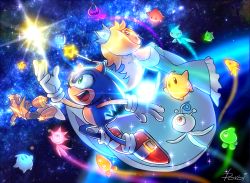 1girl 2boys blonde_hair capcom commentary commentary_request crossover crown dress earrings gloves green_eyes jewelry luma_(mario) mario_(series) mega_man_(classic) mega_man_(series) mega_man_5 multiple_boys nintendo poroi_(poro586) red_footwear rosalina sega signature sonic_(series) sonic_colors sonic_the_hedgehog space star_(sky) star_(symbol) star_man_(mega_man) super_mario_galaxy super_smash_bros. wand wisp_(sonic)