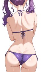1girl absurdres alternate_costume ass bikini commentary_request dimples_of_venus facing_away from_behind gakuen_idolmaster highres idolmaster kaya_rinha long_hair median_furrow nape purple_bikini purple_hair shiguren_39 shoulder_blades side-tie_bikini_bottom simple_background skindentation solo string_bikini swimsuit twintails white_background