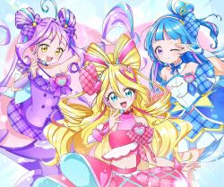Rule 34 | 3girls, absurdres, ahoge, aqua eyes, arm up, bare shoulders, blonde hair, blue dress, blue hair, blush, bow, bowtie, brooch, closed mouth, collarbone, crop top, cure idol, cure kyunkyun, cure wink, detached sleeves, double bun, dress, hair between eyes, hair bow, hair bun, hair intakes, hair ornament, headphones, heart, heart brooch, highres, idol, idol clothes, jewelry, kimi to idol precure, long hair, looking at viewer, midriff, multicolored hair, multiple girls, navel, one eye closed, open mouth, pink hair, pink skirt, plaid bow, plaid bowtie, plaid clothes, plaid sleeves, pleated skirt, precure, purple bow, purple dress, purple hair, purple skirt, rinna (xxrinna), short sleeves, skirt, smile, stomach, twintails, very long hair, wavy hair, wrist cuffs, yellow eyes
