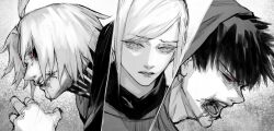 1girl 2boys ahoge amon_koutarou black_cloak black_hair black_nails black_sclera blonde_hair blood blood_on_mouth cloak colored_sclera heterochromia highres hood hooded_cloak injury lips long_sleeves looking_down mado_akira mismatched_sclera monochrome multiple_boys open_mouth parted_bangs parted_lips partially_shaded_face red_eyes sad shaded_face shadow short_hair stfr_(stfr_kaz) takizawa_seidou teeth tokyo_ghoul tokyo_ghoul:re white_hair