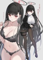 Rule 34 | 1girl, black bra, black hair, black halo, black panties, black pantyhose, black suit, blue archive, bra, breasts, bright pupils, clothes lift, formal clothes, full body, hair ornament, hairclip, hairpin, halo, heart, heart-shaped pupils, highres, holster, kita (kitairoha), lace, lace-trimmed bra, lace-trimmed panties, lace trim, lifting own clothes, long hair, looking at viewer, multicolored halo, multiple views, panties, pantyhose, red eyes, ringed eyes, rio (blue archive), skirt, skirt lift, solo, suit, sweater, symbol-shaped pupils, thigh holster, translation request, turtleneck, turtleneck sweater, two-tone halo, underwear, underwear only, white pupils, white sweater