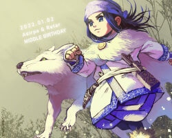 1girl ainu ainu_clothes animal asirpa black_hair claws clenched_hands cloak commentary_request dated earrings floating_hair fur_cloak golden_kamuy headband hoop_earrings jewelry long_hair looking_ahead nekosoul retar running sidelocks white_cloak wolf