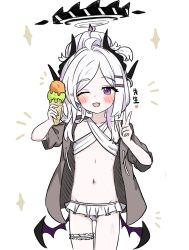1girl alternate_costume bikini black_halo black_horns blue_archive blush commentary cowboy_shot demon_girl demon_horns demon_wings e_v_e_neko fang flat_chest food frilled_bikini frilled_thigh_strap frills grey_jacket hair_ornament hairclip halo highres hina_(blue_archive) holding holding_food holding_ice_cream holding_ice_cream_cone horns ice_cream ice_cream_cone jacket loli looking_at_viewer navel one_eye_closed open_mouth purple_eyes purple_wings short_hair simple_background skin_fang sparkle straight-on swimsuit thigh_strap translated updo v white_background white_bikini white_hair wings