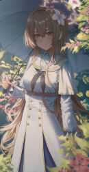 Rule 34 | 1girl, black neckerchief, blonde hair, blue archive, blush, closed mouth, crossed bangs, dress, flower, hair between eyes, hair flower, hair ornament, highres, holding, holding umbrella, long hair, looking at viewer, nagisa (blue archive), neckerchief, orange eyes, pink flower, sidelocks, smile, solo, sweetcho, umbrella, white dress, white flower, white umbrella