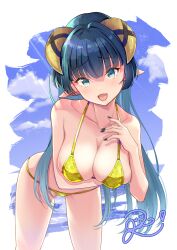 1girl absurdres arm_under_breasts bare_shoulders bent_over bikini blue_eyes blue_hair blush breasts character_request cleavage copyright_request dragon eastern_dragon_horns gold_bikini gradient_hair green_hair highres horns large_breasts looking_at_viewer micro_bikini multicolored_hair open_mouth outdoors rgrey00 smile solo swimsuit virtual_youtuber