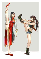 2girls anger_vein azasuke belt black_gloves black_hair black_lagoon black_tank_top blue_shorts boots bracelet brown_hair china_dress chinese_clothes clenched_teeth combat_boots denim denim_shorts dress earrings failure fingerless_gloves fingernails gloves gold_bracelet green_belt green_footwear grey_background gun hair_over_one_eye handgun highres holster jacket jewelry long_hair micro_shorts midriff multiple_girls nail_polish navel one_eye_covered open_clothes open_jacket panties parted_lips pistol ponytail red_dress red_footwear red_nails revy_(black_lagoon) shenhua shoes shorts shoulder_tattoo simple_background smile split standing standing_on_one_leg standing_split tank_top tassel tassel_earrings tattoo teeth thigh_strap tribal_tattoo underwear very_long_hair weapon white_jacket white_panties