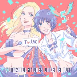 1boy 2girls allie_(united_f) artist_name black_choker black_gloves black_hair black_nails black_shirt blonde_hair blue_eyes breasts choker cleavage coat crossed_arms dante_(devil_may_cry) devil_may_cry_(series) devil_may_cry_5 fingerless_gloves gloves green_eyes heart heterochromia jacket lady_(devil_may_cry) long_hair midriff multiple_girls nail_polish pants red_background red_coat red_eyes shirt short_hair trish_(devil_may_cry) white_jacket white_shirt