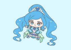 Rule 34 | 1girl, absurdly long hair, beads, blue background, blue bow, blue eyes, blue hair, blue theme, blue vest, boots, bow, chibi, closed mouth, collared vest, cure fontaine, dot nose, dress, earrings, eyelashes, frilled skirt, frills, gloves, green dress, hair beads, hair ornament, happy, healin&#039; good precure, heart, heart hair ornament, high ponytail, ichigo usuhana, jewelry, lapels, light blush, long dress, long hair, looking at viewer, magical girl, miniskirt, notched lapels, open clothes, open vest, outstretched arms, ponytail, precure, puffy short sleeves, puffy sleeves, purple skirt, sawaizumi chiyu, short sleeves, sidelocks, simple background, skirt, skirt under dress, smile, solo, split ponytail, tareme, tiara, very long hair, vest, wavy hair, white boots, white gloves, white sleeves, wrist bow