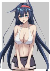 1girl :d animal_ear_fluff animal_ears arknights bikini black_hair black_skirt blaze_(arknights) blue_eyes blue_hair blush border breasts cleavage collarbone commentary cowboy_shot grey_background hair_between_eyes hairband highres large_breasts looking_at_viewer midriff miniskirt multicolored_hair navel open_mouth outside_border red_hairband simple_background single_ear_down skirt smile solo split_mouth standing swimsuit two-tone_hair uiru_(uiruuun) v_arms white_bikini white_border