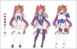 Rule 34 | 1girl, absurdres, adapted costume, animal ears, black thighhighs, blue bow, blue bowtie, blue jacket, blush, boots, bow, bowtie, breasts, brown hair, brown shoes, center frills, circlet, color guide, commentary request, contrapposto, covered navel, daiwa scarlet (umamusume), epaulettes, frills, full body, garter straps, hair intakes, head tilt, highres, horse ears, horse girl, horse tail, horseshoe ornament, jacket, large breasts, leotard, loafers, long hair, long sleeves, looking at viewer, multicolored leotard, multiple views, open mouth, puffy short sleeves, puffy sleeves, purple bow, purple bowtie, purple leotard, purple thighhighs, school uniform, shoes, short sleeves, simple background, smile, summer uniform, tail, thigh boots, thighhighs, tracen school uniform, twintails, two-tone leotard, ugohato, umamusume, v-shaped eyebrows, variations, very long hair, white background, white boots, white bow, white bowtie, white leotard, white thighhighs, winter uniform