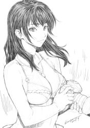 1girl bikini breasts camera character_request cleavage copyright_request dead_or_alive dead_or_alive_xtreme dead_or_alive_xtreme_venus_vacation frilled_bikini frills greyscale hiragoma holding holding_camera jewelry large_breasts long_hair looking_at_viewer monochrome nanami_(doa) necklace smile swimsuit
