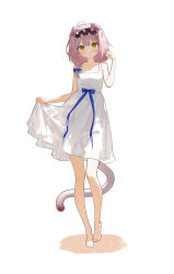 1girl absurdres ahoge alternate_costume animal_ears arknights bare_arms bare_legs bare_shoulders barefoot black_hairband blue_bow blush bow braid breasts cat_ears cat_girl cat_tail closed_mouth collarbone dress full_body goldenglow_(arknights) hair_bow hair_over_shoulder hairband hand_up highres lightning_bolt_print long_hair looking_at_viewer nagisa_(cxcx5235) pink_hair simple_background single_braid skirt_hold sleeveless sleeveless_dress solo standing sundress tail white_background white_dress yellow_eyes