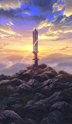 blue_sky cloud cloudy_sky commentary diffraction_spikes fate/grand_order fate_(series) gradient_sky grass lasengle mountain nature no_humans official_art orange_sky outdoors planted polearm sky still_life sun sunlight sunset third-party_source weapon