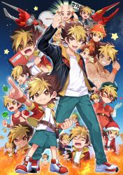 1boy absurdres aged_up amanogawa_ryuusei aqua_pants aqua_shorts arm_up arms_up backpack bag bald bell_pepper belt belt_buckle belt_pouch bicorne black_jacket blonde_hair blowing_kiss blue_jacket book bow bowtie briefcase broccoli brown_belt brown_eyes brown_hair buckle candy child chocolate chocolate_bar clenched_hand closed_eyes closed_mouth collared_jacket collared_shirt commentary_request cosplay crossdressing crossdressing_(mtf) crying domino_mask dress epaulettes eye_mask fire flexing food formal_clothes fur-trimmed_jacket fur_trim green_bell_pepper grin hair_between_eyes hat heart hercules_beetle highres holding holding_chocolate holding_food holding_paper instrument jacket jewelry jinzou_konchuu_kabutoborg_vxv kuroda_(kuro_yyy) lipstick looking_at_viewer makeup male_focus mask multicolored_hair multiple_views muscular muscular_male music necklace office_lady one_eye_closed open_mouth orange_dress orange_hat orange_jacket pants pantyhose paper pearl_necklace playing_guitar playing_instrument pointing pouch puckered_lips red_bow red_jacket red_lips red_shoes red_tank_top santa_costume santa_hat school_briefcase shaded_face shirt shoes short_hair shorts smile sneakers standing star_(symbol) suit tachometer tan tank_top tears tomato tomcat_red_beetle_(kabutoborg) toy toy_car two-tone_hair v venezian venezian_(cosplay) white_shirt wristband