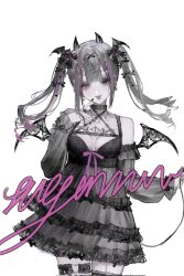 1girl bare_shoulders black_dress black_eyes black_hair black_thighhighs bow breasts cleavage demon_girl demon_horns demon_tail demon_wings detached_sleeves dress frills hair_ornament highres horns iggy.m long_hair long_sleeves medium_breasts multicolored_eyes multicolored_hair off_shoulder original piercing purple_hair ribbon sample_watermark see-through_clothes see-through_dress see-through_sleeves streaked_hair tail thigh_strap thighhighs tongue tongue_out twintails watermark white_background wings