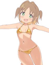1girl armpits bikini breasts brown_hair colored_inner_hair commentary_request diamond-shaped_pupils diamond_(shape) fang gluteal_fold gold_bikini green_eyes groin hair_intakes highres low_twintails micro_bikini multicolored_hair navel oka_asahi onii-chan_wa_oshimai! shirosakiyomogi simple_background small_breasts stomach swimsuit symbol-shaped_pupils transparent_background twintails two-tone_hair two_side_up