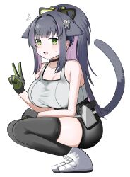 Rule 34 | 1girl, absurdres, animal ears, arknights, bare shoulders, black choker, black gloves, black hair, black shorts, black tail, black thighhighs, blush, breasts, bright pupils, choker, cleavage, colored inner hair, flying sweatdrops, full body, gloves, green eyes, green gloves, grey tank top, hair ornament, highres, jessica (arknights), jessica the liberated (arknights), large breasts, long hair, looking at viewer, multicolored hair, open mouth, pink hair, shorts, sidelocks, simple background, sleeveless, smile, solo, spam (spamham4506), squatting, sweatdrop, tail, tail raised, tank top, thighhighs, v, white background, white pupils