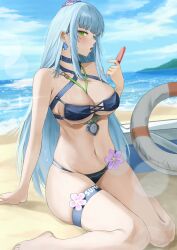 1girl absurdres akachi beach between_breasts bikini black_bikini blue_sky blunt_bangs breasts cleavage cooler criss-cross_halter cross cross_earrings earrings eyepatch_bikini flower food girls&#039;_frontline girls&#039;_frontline_2:_exilium green_eyes hair_flower hair_ornament halterneck highres hk416_(girls&#039;_frontline) holding holding_food holding_ice_cream ice_cream ice_cream_bar innertube jewelry klukai_(girls&#039;_frontline_2) large_breasts long_hair looking_at_viewer navel ocean outdoors saliva saliva_trail sitting sky solo strap_between_breasts swim_ring swimsuit teardrop_facial_mark thigh_strap tongue tongue_out very_long_hair