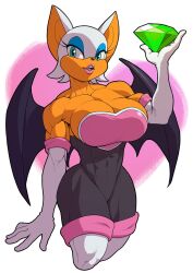 1girl aqua_eyes bare_shoulders bat_wings bodysuit breasts chaos_emerald cleavage elbow_gloves eyeshadow female_focus furry furry_female gloves large_breasts looking_at_viewer makeup muscular muscular_female pokkuti rouge_the_bat skin_tight solo sonic_(series) thighhighs white_hair wings