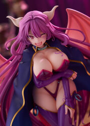 1girl ;d absurdres alma_elma animal_ears apron arm_under_breasts black_corset black_dress black_panties blurry blurry_background bookmark boots breasts bridal_gauntlets cleavage cloak commentary_request cool-kyou_shinja corset cowboy_shot demon_girl demon_horns demon_tail demon_wings dress facial_tattoo fangs figure fingernails grey_horns hair_between_eyes hand_on_own_thigh highleg highleg_panties highres horns large_breasts leg_tattoo long_hair looking_at_viewer mon-musu_quest! navel official_art one_eye_closed open_mouth panties photo_(medium) pink_tail pink_wings promotional_art purple_boots purple_bridal_gauntlets purple_hair red_eyes second-party_source slit_pupils smile solo tail tattoo thigh_boots thighhighs underwear very_long_hair wide_hips wind wings